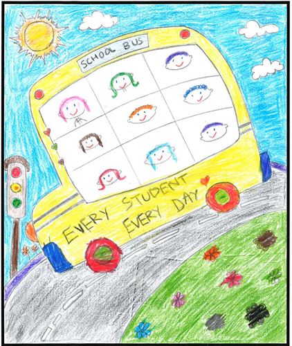 kid's drawing of a yellow school bus full of children. On the side of the bus it says, "Every Student. Every Day."